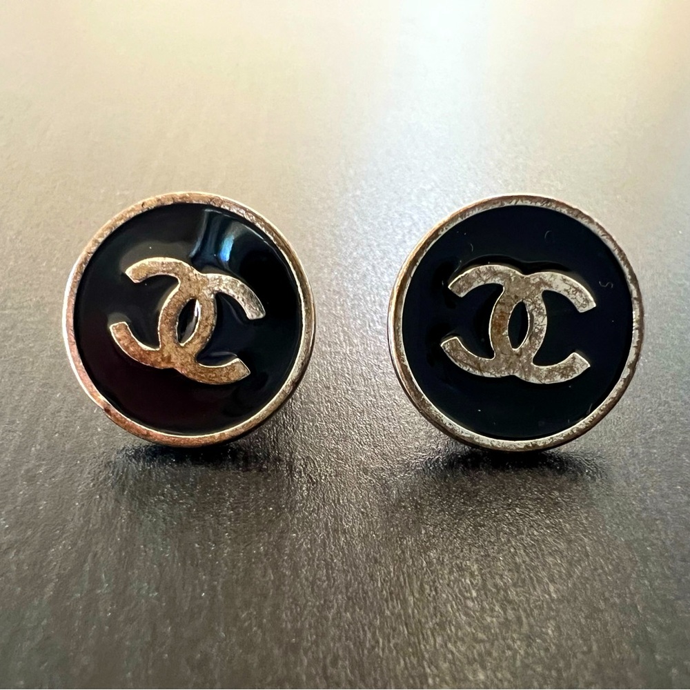 Chanel CC Black Enamel Earrings Silver Vintage